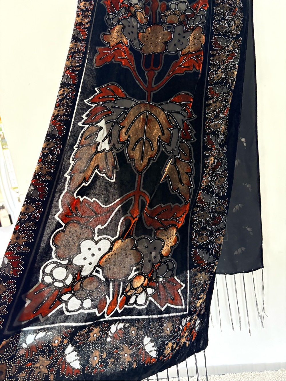Velvet Burnout Black Copper Golden Floral Leaf Scarf Shawl Fringe 60x19” FALL